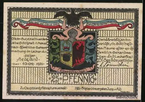 Notgeld Stedesand 1920, 25 Pfennig, Ortspartie und Wappen