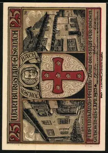 Notgeld Eisenach 1922, 25 Pfennig, Tannhäuser, Bachhaus, Lutherhaus und Porträt Joh. Seb. Bach