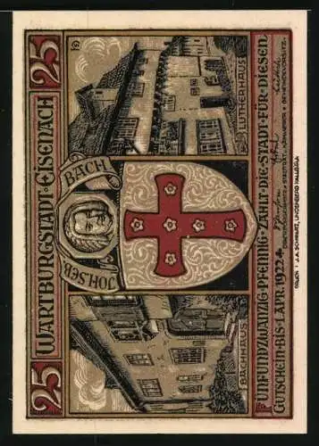 Notgeld Eisenach 1922, 25 Pfennig, Wolfram v. Eschenbach, Bachhaus, Lutherhaus und Porträt Joh. Seb. Bach