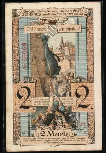 Notgeld Beckum 1918, 2 Mark, Bürger mit einer Kuh am Strick und Wappen