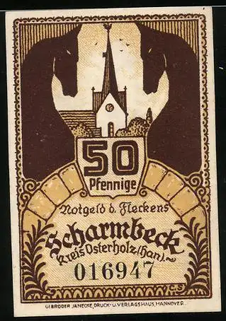 Notgeld Scharmbeck 1920, 50 Pfennig, Kirche und Wappen