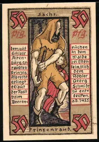 Notgeld Altenburg 1921, 50 Pfennig, Sächsischer Prinzenraub und Burg mit Wappen