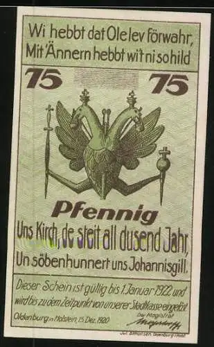 Notgeld Oldenburg in Holstein 1922, 75 Pfennig, Blick zur Kirche und Wappen