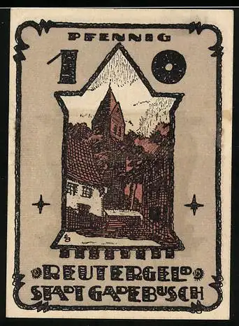 Notgeld Gadebusch 1921, Reutergeld 10 Pfennig, Ortspartie mit Kirche