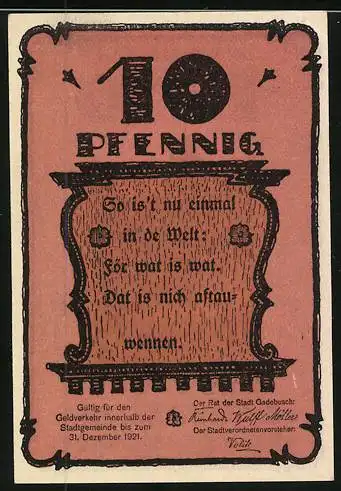 Notgeld Gadebusch 1921, Reutergeld 10 Pfennig, Ortspartie mit Kirche