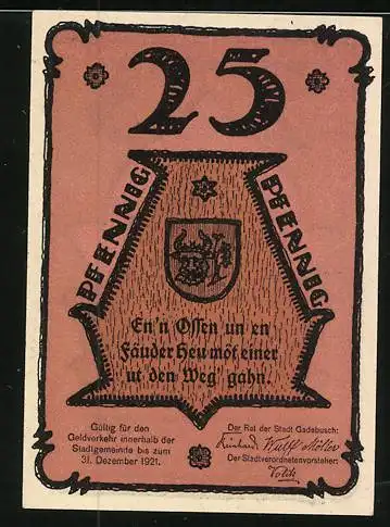 Notgeld Gadebusch 1921, Reutergeld 25 Pfennig, Gebäude mit Wappen