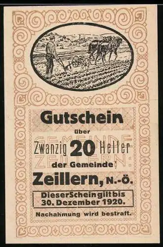 Notgeld Zeillern 1920, 20 Heller, Bauern hinterm Pferdepflug