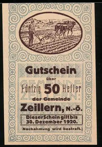 Notgeld Zeillern 1920, 50 Heller, Bauern hinterm Pferdepflug