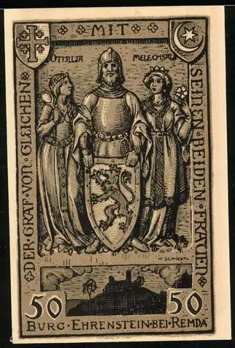 Notgeld Remda / Thüringen 1921, 50 Pfennig, Ritter mit Schild & Prinzessinnen, Burg Ehrenbreitstein, Wappen