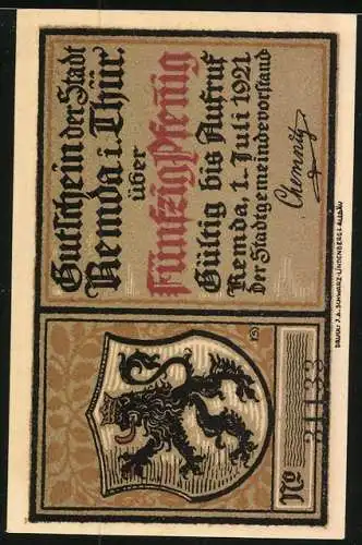 Notgeld Remda / Thüringen 1921, 50 Pfennig, Ritter mit Schild & Prinzessinnen, Burg Ehrenbreitstein, Wappen