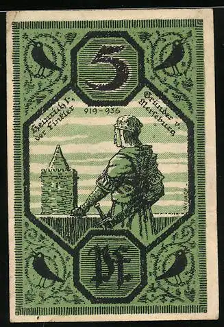 Notgeld Merseburg 1921, 5 Pfennig, Heinrich I., der Finkler und der Rabe mit Ring