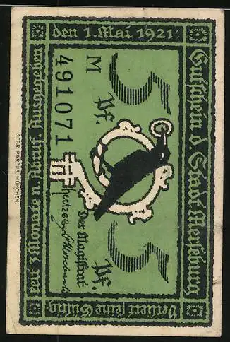 Notgeld Merseburg 1921, 5 Pfennig, Heinrich I., der Finkler und der Rabe mit Ring
