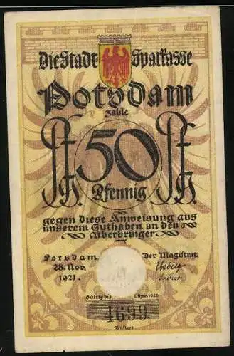 Notgeld Potsdam 1921, 50 Pfennig, Kavallerist Nr. 6 Paddenstecher in Uniform zu Pferd, Wappen