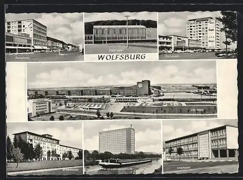 AK Wolfsburg / Fallersleben, Totalansicht des VW-Werk, Stadtpartie der Porschestrasse, Auto