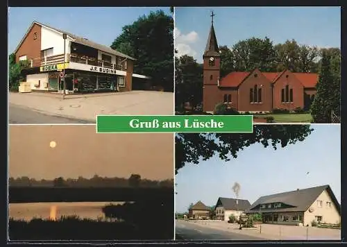 AK Lüsche / Bakum, Edeka-Heschäft Suding, Kirche, Dorfstrasse, See