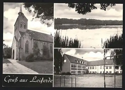 AK Leiferde / Gifhorn, Kirche, Schule und Blick zum See