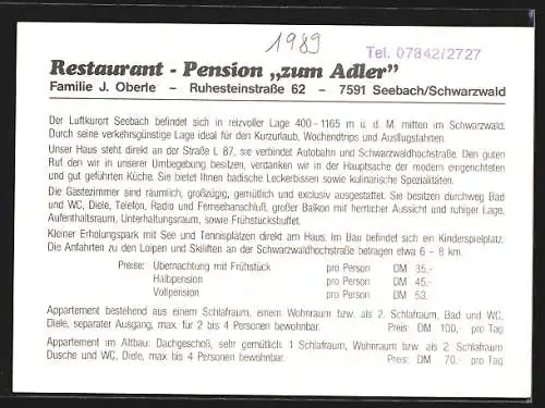 AK Seebach /Schwarzwald, Restaurant-Pension zum Adler, Ruhesteinstrasse 62