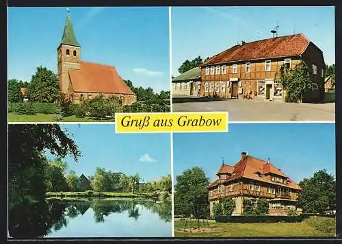 AK Lüchow-Grabow /Wendland, Kirche, Ladengeschäft und Seepartie