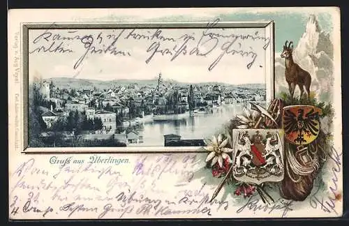 Passepartout-Lithographie Überlingen / Bodensee, Panorama und Wappen