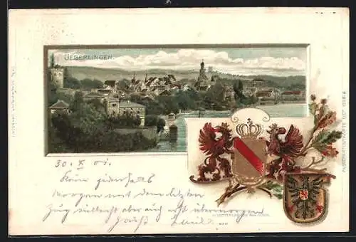 Passepartout-Lithographie Ueberlingen / Bodensee, Teilansicht, Wappen