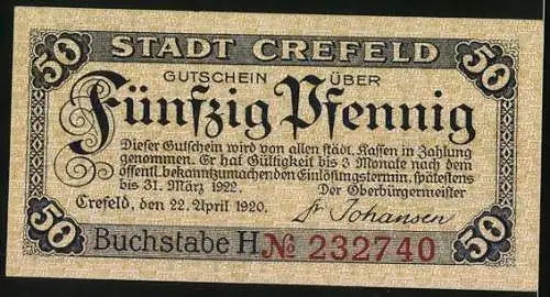 Notgeld Crefeld 1920, 50 Pfennig, Partie am Rathaus