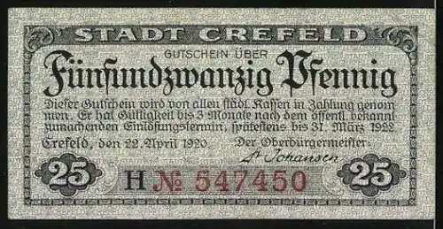 Notgeld Crefeld 1920, 25 Pfennig, Deuss Tempel im Stadtwald