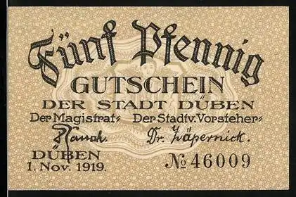 Notgeld Düben 1919, 5 Pfennig, Wappen mit Engelskopf