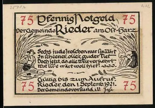 Notgeld Rieder-Ostharz 1921, 75 Pfennig, Ortsansicht mit einer Kirche