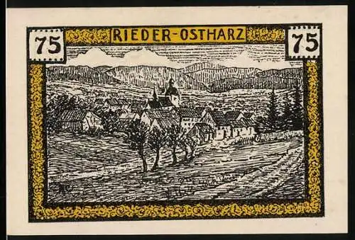 Notgeld Rieder-Ostharz 1921, 75 Pfennig, Ortsansicht gegen Hügelkette