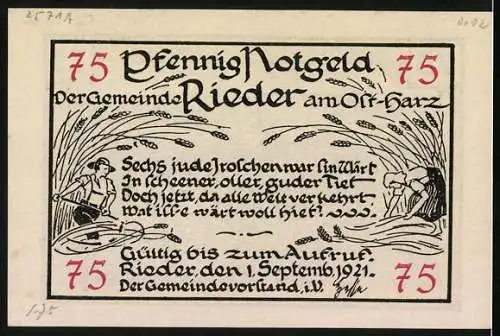 Notgeld Rieder-Ostharz 1921, 75 Pfennig, Ortsansicht gegen Hügelkette