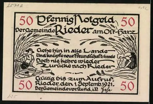Notgeld Rieder-Ostharz 1921, 50 Pfennig, Blick auf den dicken Stein