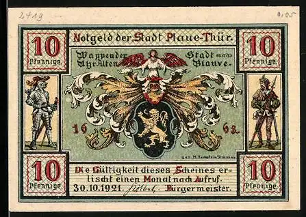 Notgeld Plaue-Thür. 1921, 10 Pfennig, Stadtwappen, Blick aufs Rathaus