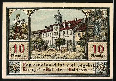 Notgeld Plaue-Thür. 1921, 10 Pfennig, Stadtwappen, Blick aufs Rathaus