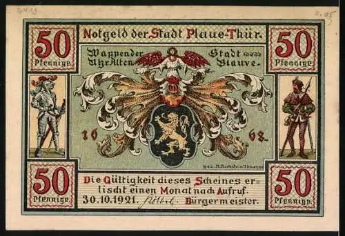 Notgeld Plaue-Thür. 1921, 50 Pfennig, Stadtwappen, die Ehrenburg