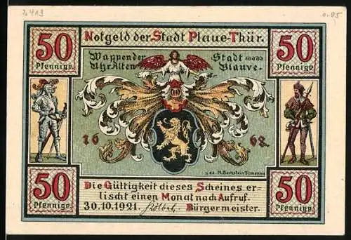 Notgeld Plaue-Thür. 1921, 50 Pfennig, Stadtwappen, Blick auf die Ehrenburg