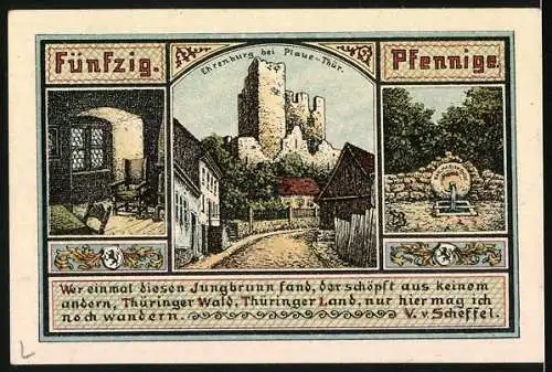 Notgeld Plaue-Thür. 1921, 50 Pfennig, Stadtwappen, Blick auf die Ehrenburg