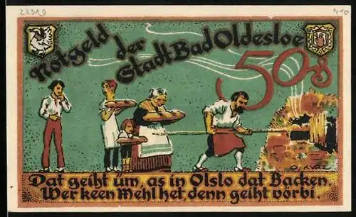 Notgeld Bad Oldesloe, 50 Pfennig, Bäcker beim Backen, Sol-, Moor- & Schwefelbäder