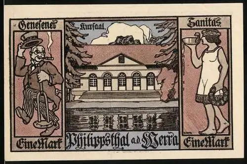 Notgeld Philippsthal a. d. Werra 1921, 1 Mark, Der Kursaal am Wasser, Genesener, Sanitas
