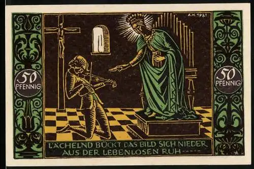 Notgeld Schw. Gmünd 1921, 50 Pfennig, Statue beugt sich zu Violinenspieler herab