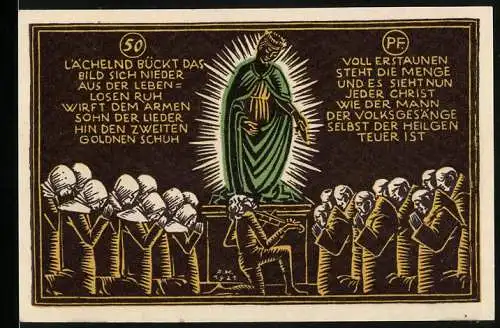 Notgeld Schw. Gmünd 1921, 50 Pfennig, Statue wirft dem Mann der Lieder einen goldenen Schuh zu