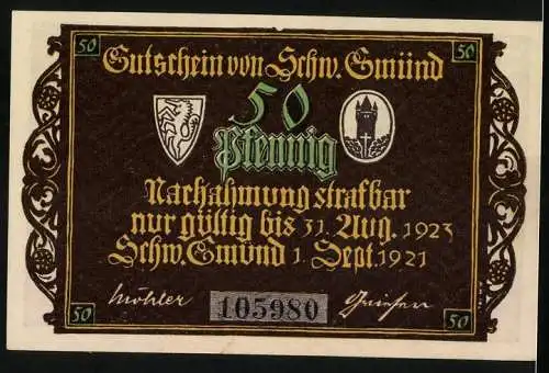 Notgeld Schw. Gmünd 1921, 50 Pfennig, Kreuzgang aus dem Kloster hinaus