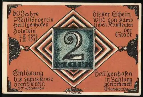 Notgeld Heiligenhafen 1922, 2 Mark, Männer mit Deutscher Reichsflagge auf einer Insel