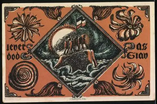 Notgeld Heiligenhafen 1922, 2 Mark, Männer mit Deutscher Reichsflagge auf einer Insel