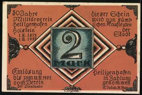 Notgeld Heiligenhafen 1922, 2 Mark, Männer mit Reichsflagge auf einer Insel