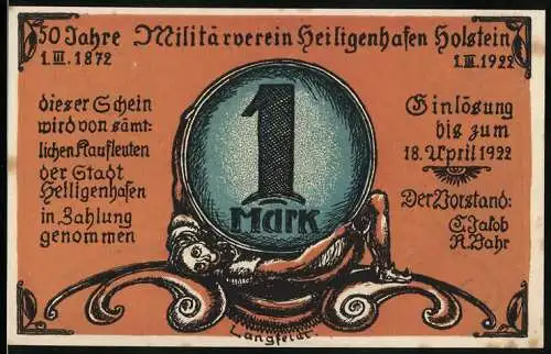 Notgeld Heiligenhafen 1922, 1 Mark, Zwei Soldaten an einem Denkmal