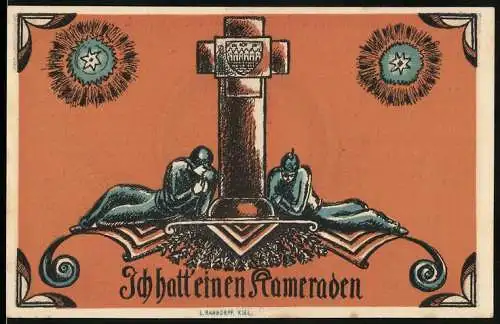 Notgeld Heiligenhafen 1922, 1 Mark, Zwei Soldaten an einem Grabkreuz