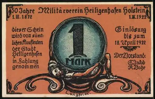 Notgeld Heiligenhafen 1922, 1 Mark, Zwei Soldaten an einem Grabkreuz