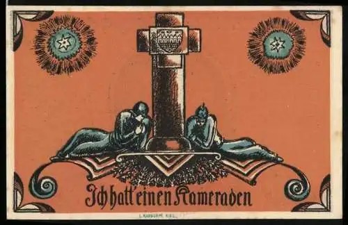 Notgeld Heiligenhafen 1922, 1 Mark, Zwei Soldaten liegen an einem Denkmal