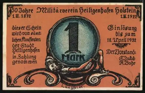 Notgeld Heiligenhafen 1922, 1 Mark, Zwei Soldaten liegen an einem Denkmal