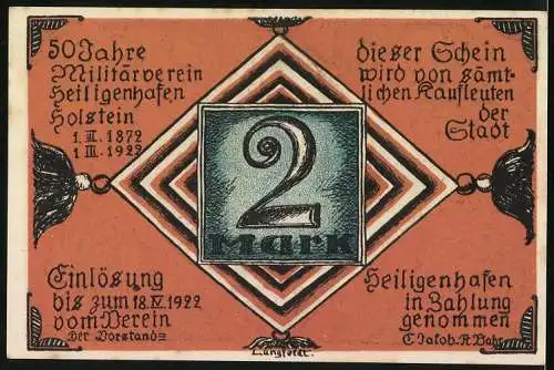 Notgeld Heiligenhafen 1922, 2 Mark, Männer mit Reichsflagge auf einer Insel im stürmischen Meer